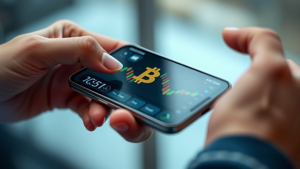 Photorealistic close-up of hands holding a smartphone displaying Bitcoin and cryptocurrency trading interface with financial charts subtly visible, symbolizing retail investor concerns
