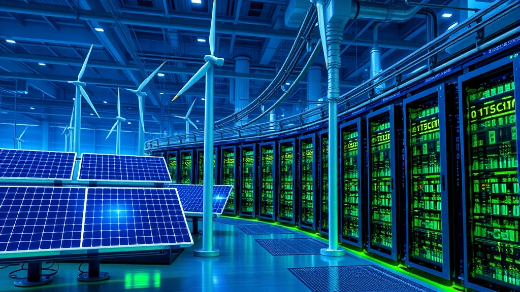 Modern Bitcoin mining facility with renewable energy solar panels and wind turbines integrated into the infrastructure, photorealistic industrial setting with blue and green tones