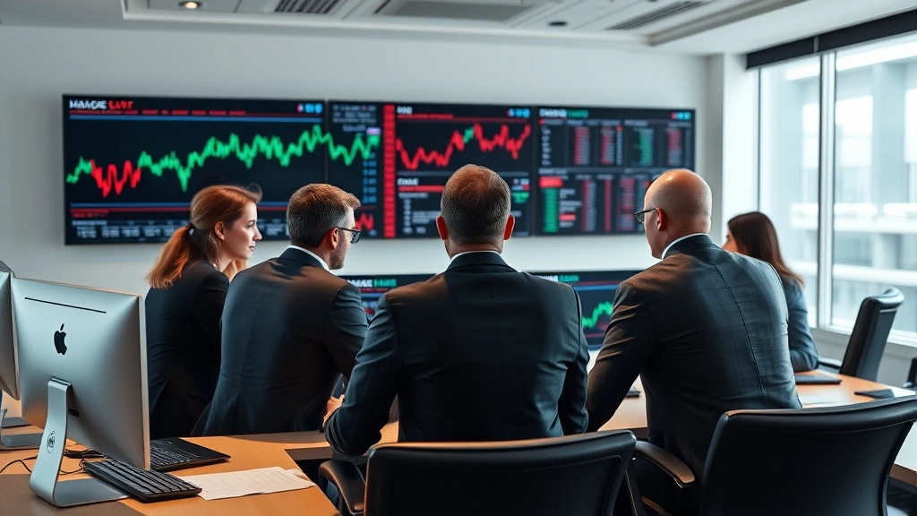 Photorealistic depiction of a diverse group of financial experts and policy analysts in a modern conference room, reviewing cryptocurrency data on multiple screens, serious professional setting with charts visible but unreadable