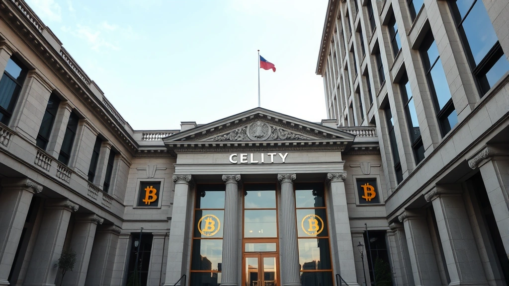 Professional government building with modern cryptocurrency symbols integrated into architecture, representing policy and regulation, daylight photography, institutional setting demonstrating regulatory authority