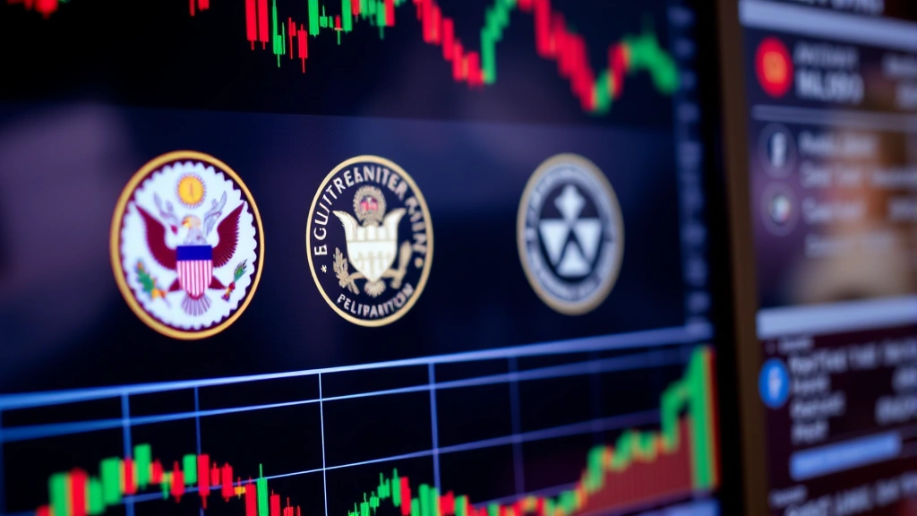 Close-up of computer screen showing cryptocurrency trading dashboard with regulatory documents and official government seals reflected in the monitor, symbolizing regulatory oversight of digital assets
