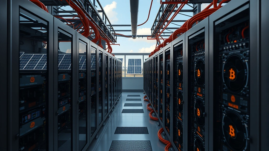Photorealistic photograph of a Bitcoin mining facility with rows of ASIC miners generating heat, solar panels visible through windows, representing the intersection of cryptocurrency mining and renewable energy policy