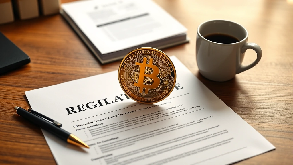 Bitcoin symbol and regulatory compliance documents spread across wooden desk with pen and coffee cup, representing intersection of digital assets and government oversight, professional business environment lighting
