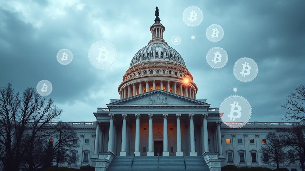 Photorealistic image of a modern government building or Capitol dome with subtle holographic cryptocurrency symbols floating in the air, representing policy and regulation intersection
