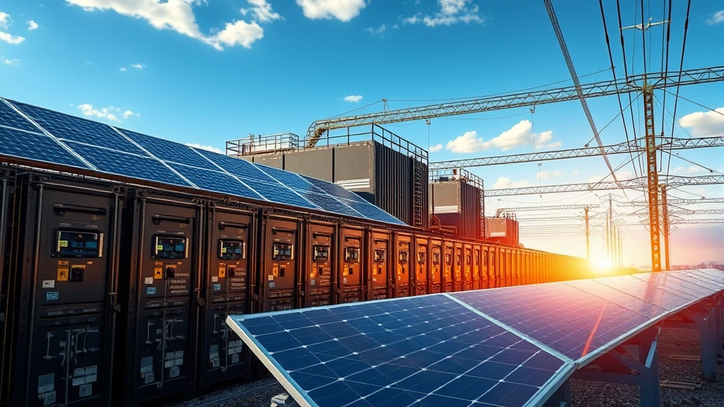 Photorealistic image of a Bitcoin mining facility with renewable energy solar panels, showing the technical infrastructure and hardware in operation, emphasizing sustainable energy integration in industrial setting