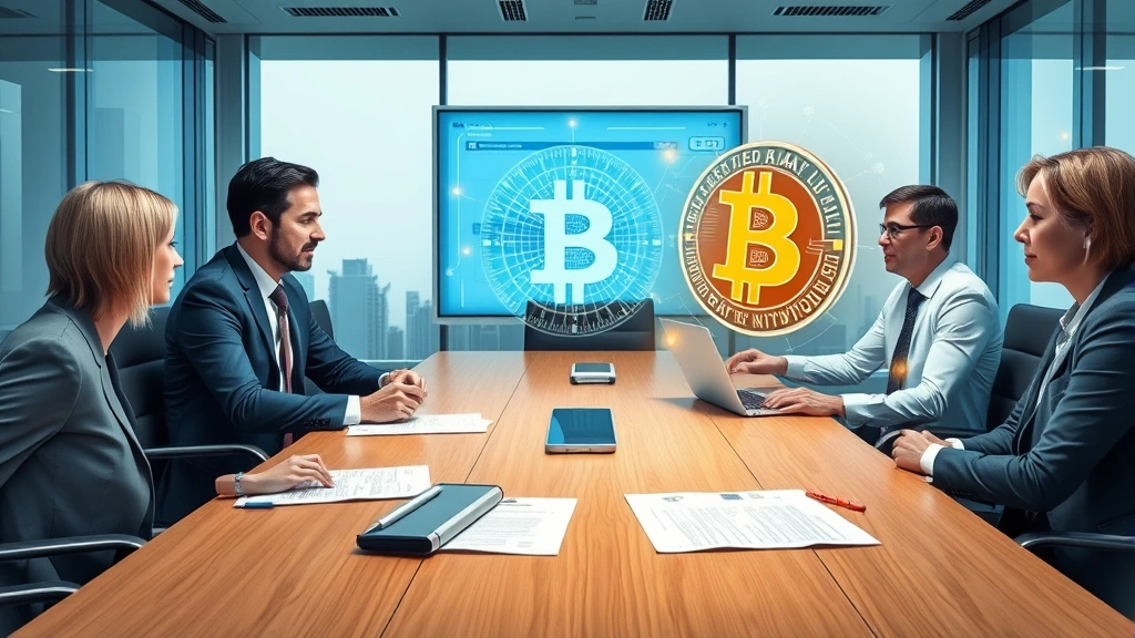 Photorealistic illustration of institutional investors in a modern boardroom with Bitcoin holographic displays and regulatory compliance documents on the table, representing institutional adoption considerations