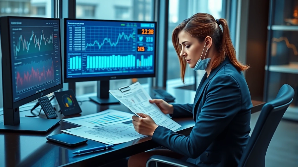 Photorealistic image of a professional woman in business attire reviewing regulatory documents and charts at a desk with computer screens showing blockchain data and market analytics