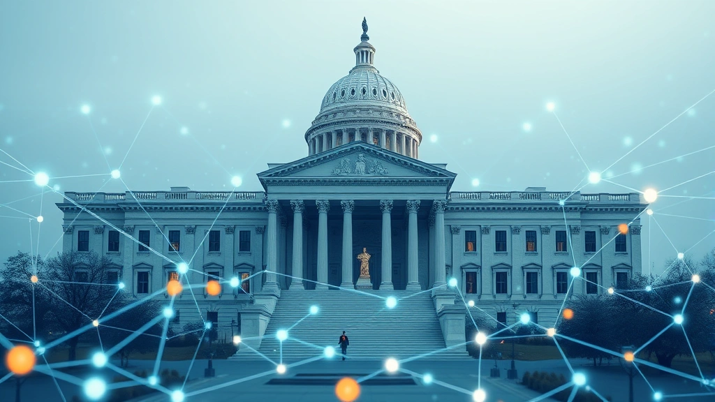 Network of interconnected nodes and blockchain technology visualization with government building architecture subtly integrated, representing cryptocurrency regulation and political oversight, futuristic digital aesthetic