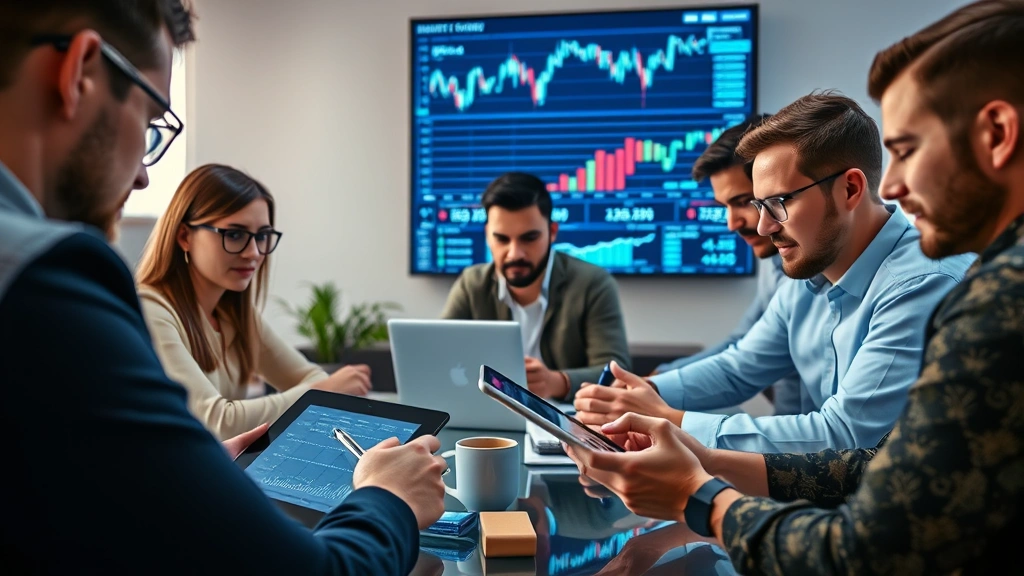 Diverse group of people reviewing cryptocurrency investment options on modern tablets and computers in a financial advisory setting with charts and blockchain concepts visible