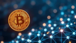 Photorealistic image of a Bitcoin coin floating above a glowing blockchain network with interconnected nodes and digital particles, representing network security and technological infrastructure