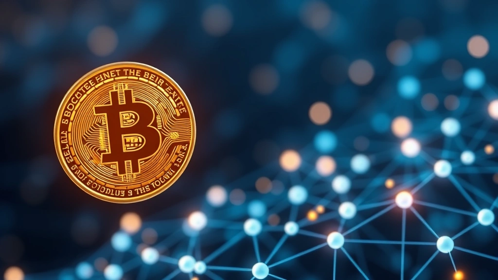 Photorealistic image of a Bitcoin coin floating above a glowing blockchain network with interconnected nodes and digital particles, representing network security and technological infrastructure