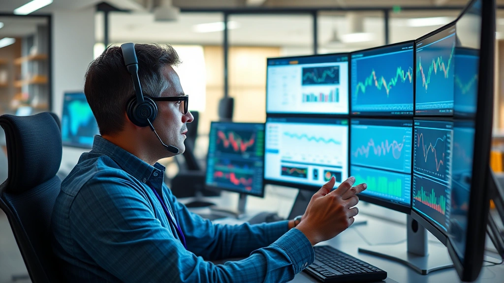 Photorealistic image of a professional investor studying data on multiple monitors displaying cryptocurrency market movements, portfolio tracking systems, and financial analysis charts in a modern office setting