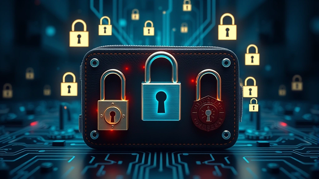 Photorealistic image of a secure hardware wallet device with digital security locks and encryption symbols emanating from it, representing private key protection and custody security