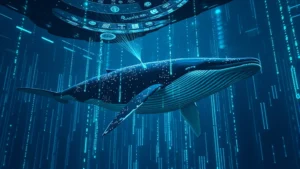 Underwater photograph of a whale swimming through digital cryptocurrency data streams and blockchain network nodes glowing in blue and green, representing the concept of whale traders navigating crypto markets