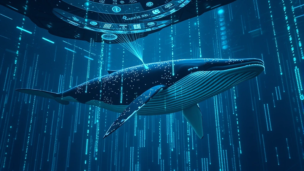 Underwater photograph of a whale swimming through digital cryptocurrency data streams and blockchain network nodes glowing in blue and green, representing the concept of whale traders navigating crypto markets