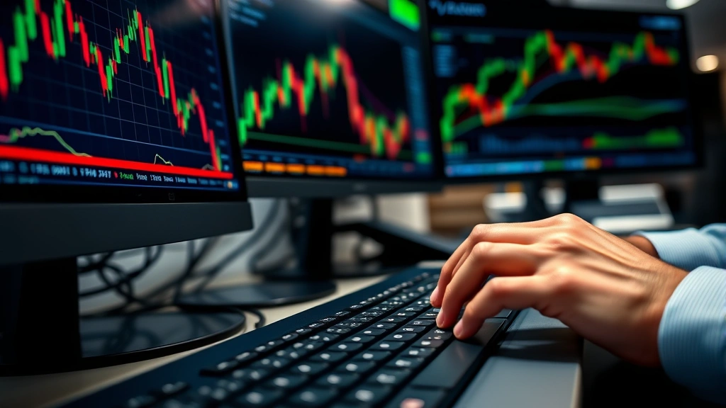 Close-up of a professional trader's hands on a keyboard with multiple monitors displaying candlestick charts and market data in a modern trading office, emphasizing the intensity of leveraged trading decisions
