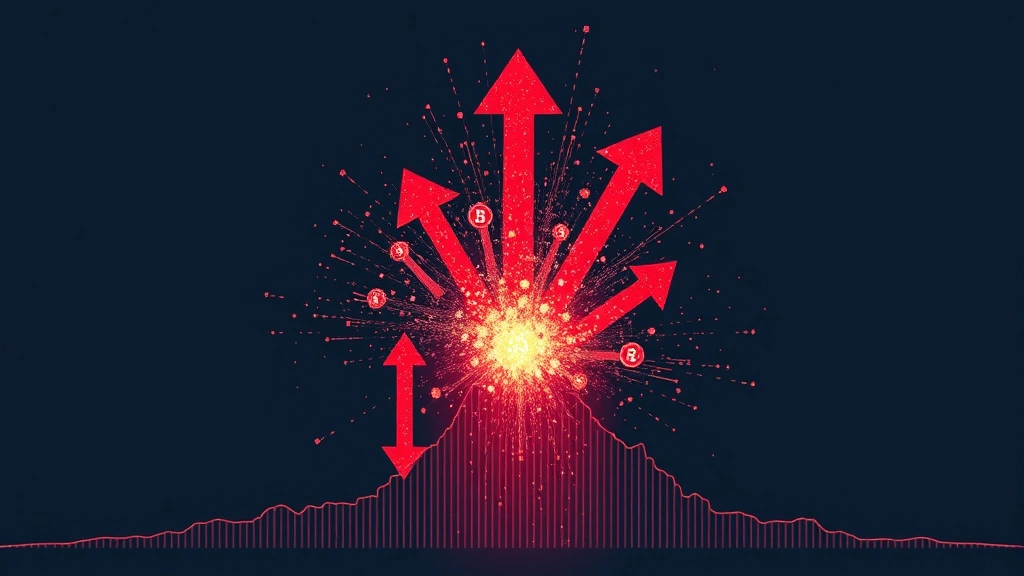 Abstract visualization of liquidation cascade effect: red downward arrows and digital explosions emanating from a central point on a Bitcoin chart, representing margin call liquidations and market volatility impact