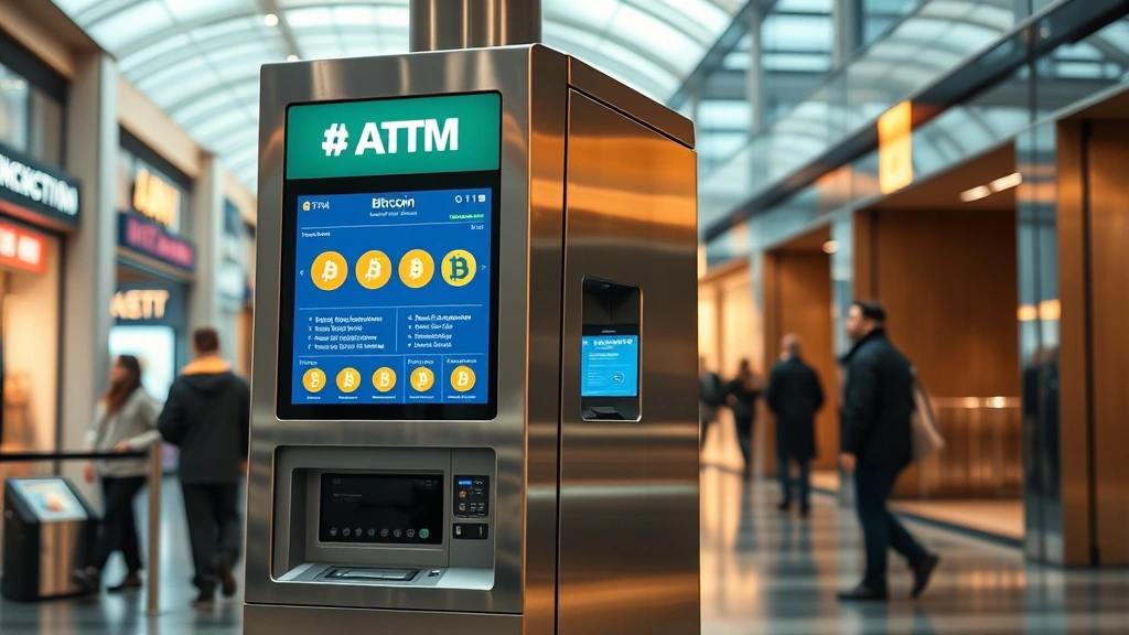 Modern Bitcoin ATM kiosk in urban shopping center with digital screen displaying cryptocurrency symbols and transaction options, realistic lighting reflecting off polished metal surface