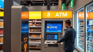 Modern sleek Bitcoin ATM kiosk in a bright convenience store, digital screen displaying Bitcoin price, person inserting cash into machine, professional lighting, photorealistic