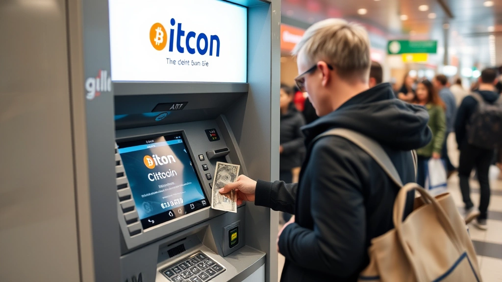 Person withdrawing cash from Bitcoin ATM machine with transaction completion screen visible, showing real-world cryptocurrency to fiat currency conversion in busy public space