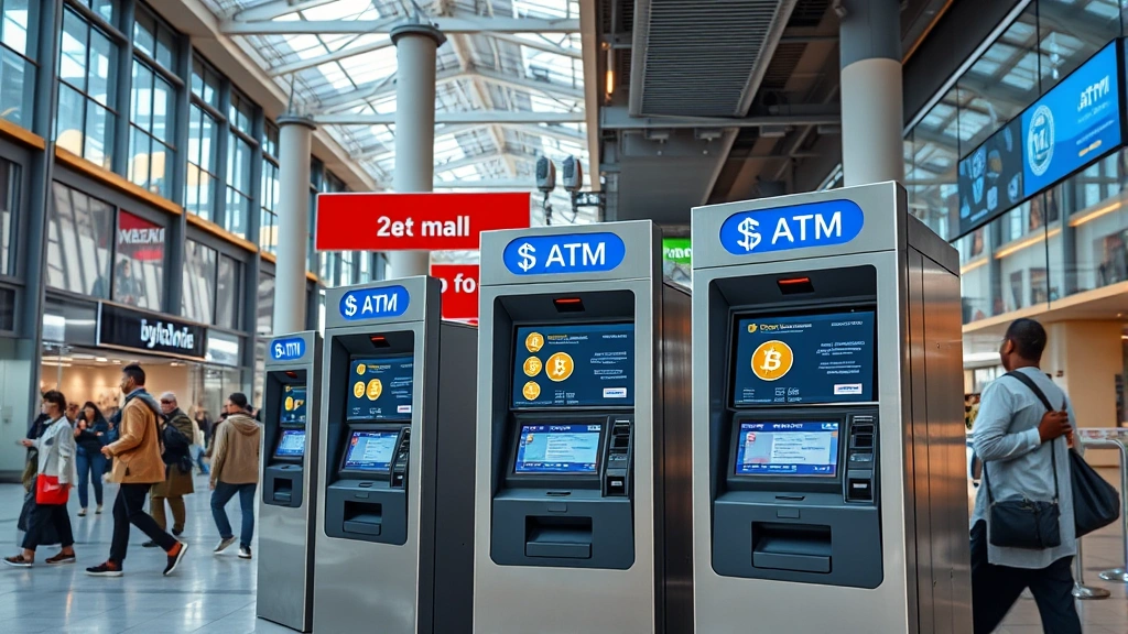 Cryptocurrency ATM in urban shopping center, multiple machines visible, people in background, modern architecture, daylight natural lighting, realistic detail