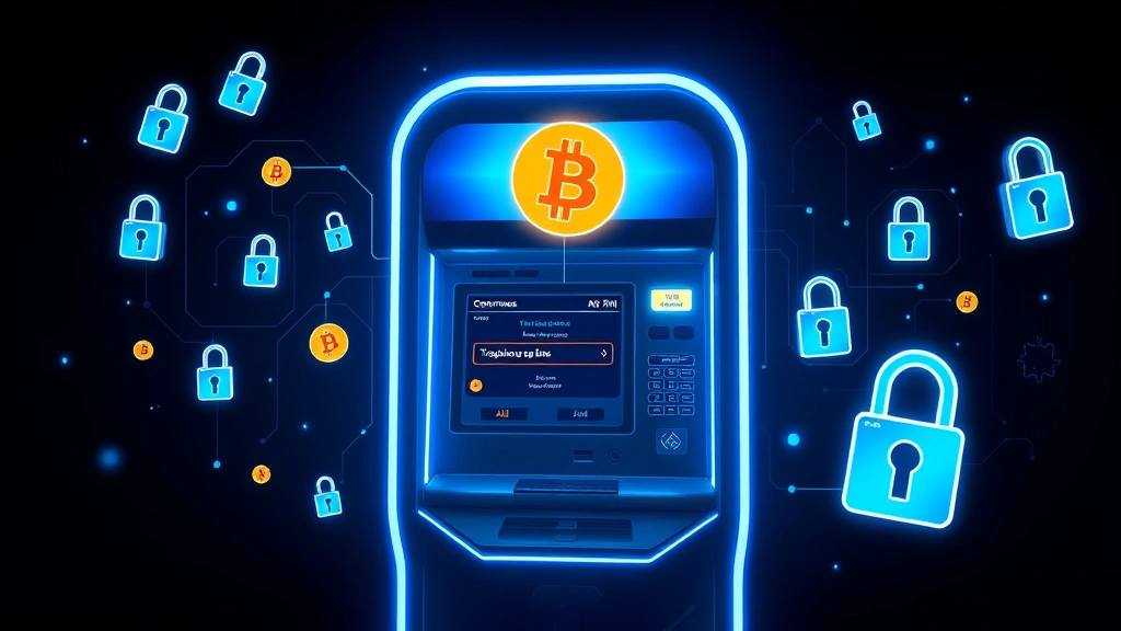 Futuristic Bitcoin ATM kiosk with glowing blue interface displaying transaction confirmation, surrounded by digital security symbols and encryption locks floating in air, cryptocurrency technology aesthetic