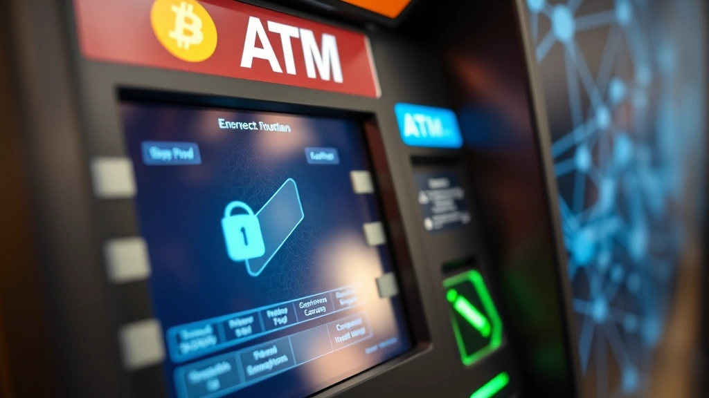 Close-up of secure Bitcoin ATM terminal showing biometric scanner and encrypted connection indicators, modern financial technology with blockchain network visualization in background