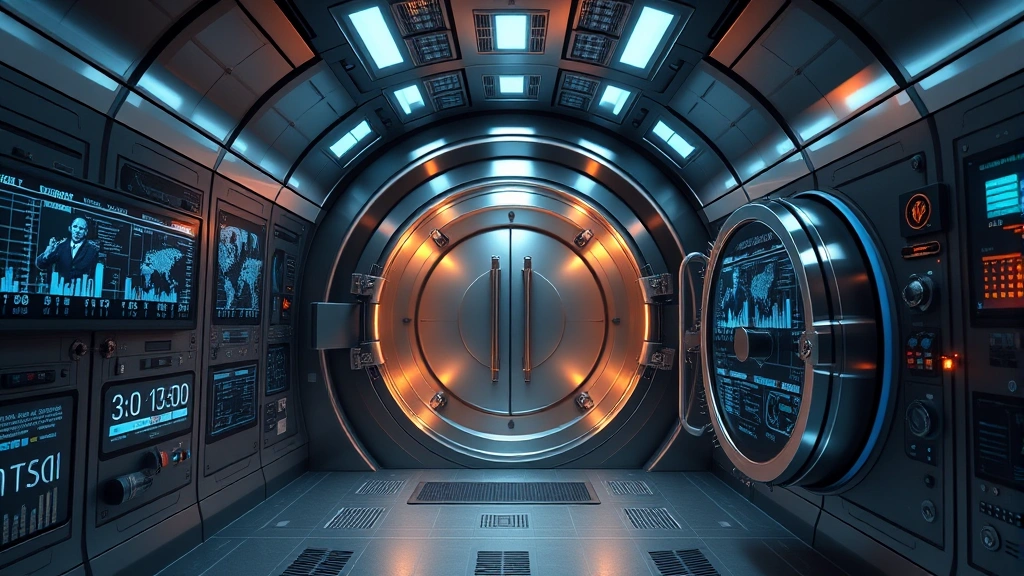 Central bank vault interior with modern security systems, digital displays showing network connections, and futuristic monetary policy technology, symbolizing institutional cryptocurrency storage and financial reserve management
