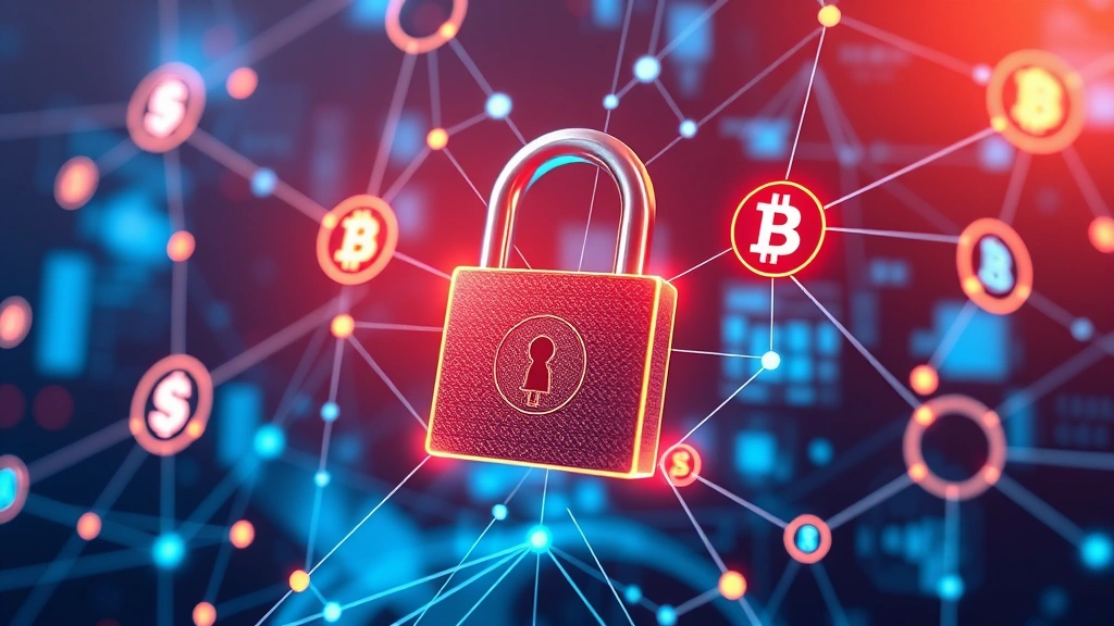 Digital security concept showing padlock and cryptocurrency symbols with blockchain network connections, cybersecurity protection theme, modern tech aesthetic