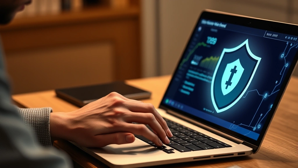 Person using secure payment method on laptop with Bitcoin wallet interface, digital security verification process, protective shield overlay, trusted transaction environment