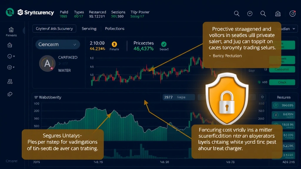 Cryptocurrency trading dashboard with security features highlighted, two-factor authentication interface, protective verification layers, secure digital asset management visualization