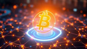 Futuristic digital holographic Bitcoin symbol floating above glowing data streams and network nodes, representing cryptocurrency price prediction algorithms and machine learning analysis in action