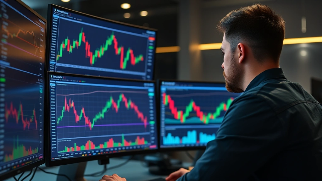Cryptocurrency trader analyzing multiple blockchain data charts on computer monitors showing Bitcoin price movements, candlestick patterns, and technical indicators in modern trading environment