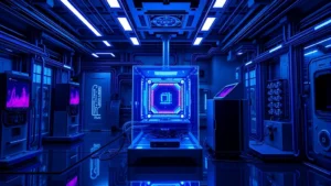 Photorealistic visualization of quantum computing laboratory with cryogenic quantum processor setup, blue and purple lighting, advanced technology environment, no text or labels