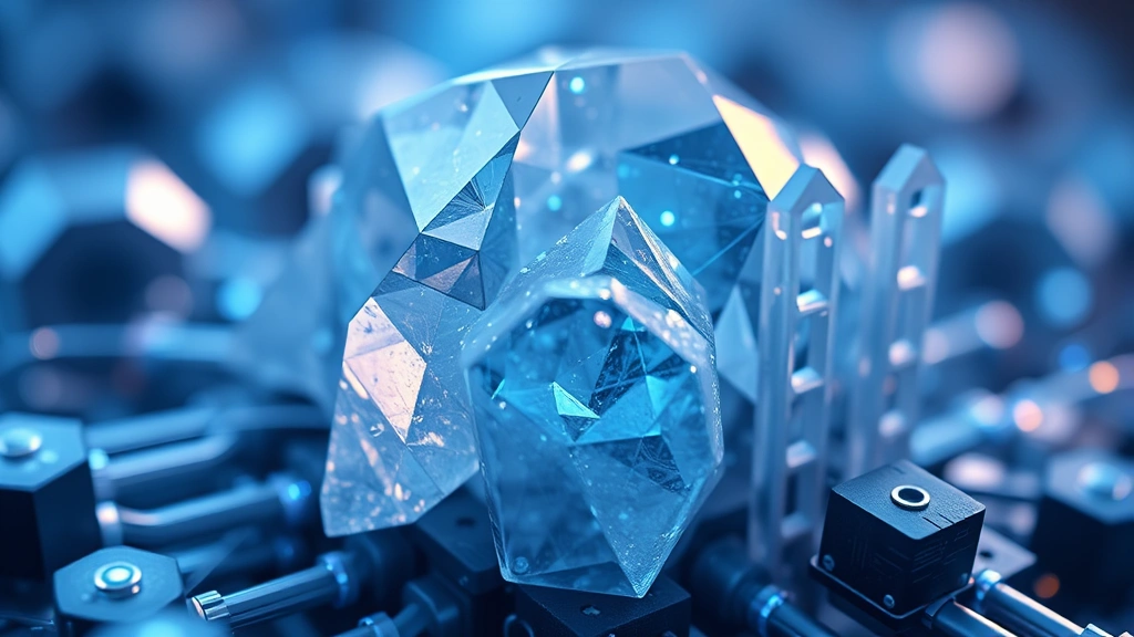 Close-up of crystalline quantum computing components with energy fields, abstract quantum mechanics representation, holographic blue light effects, no text visible