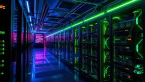 Digital mining operation with computer servers and blockchain network visualization, cryptocurrency mining farm aesthetic with blue and green neon lighting, photorealistic