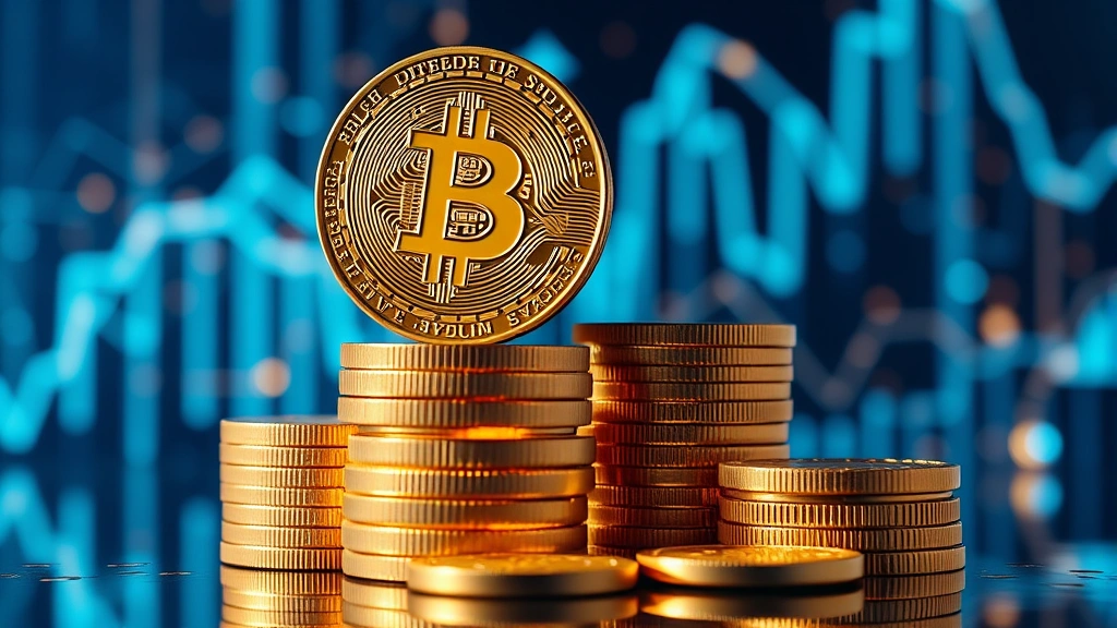 Bitcoin and cryptocurrency coins stacked in pyramid formation with glowing digital effects, blockchain technology visualization in background, professional finance imagery