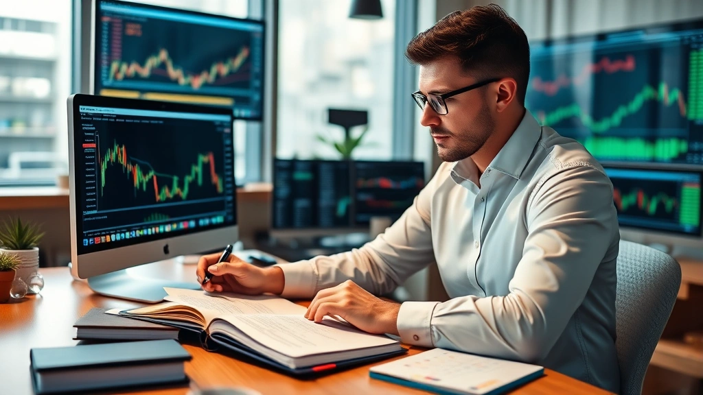 Professional financial analyst reviewing risk management strategy with trading journals and stop-loss calculations, modern workspace with charts and cryptocurrency market data, careful decision-making atmosphere