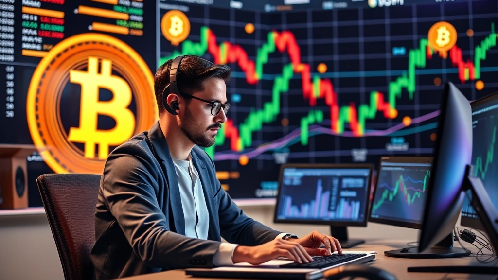 Professional cryptocurrency analyst reviewing market conditions and risk management strategies, sitting at a desk with Bitcoin and blockchain network visualizations in background