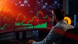 Cryptocurrency trader analyzing Bitcoin price charts on multiple monitors with candlestick patterns and technical indicators displayed, professional trading desk environment with blockchain network visualization in background