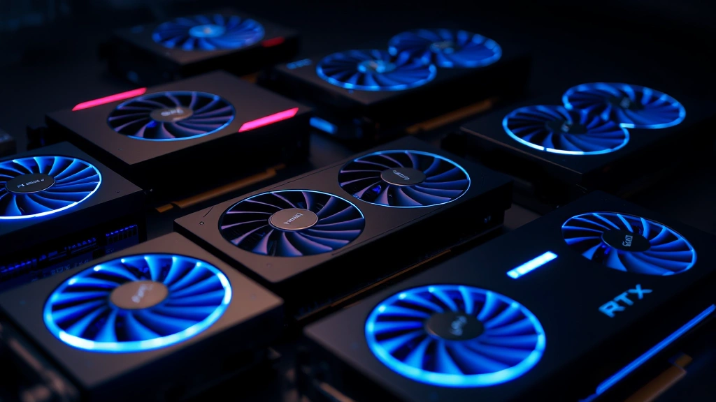 Photorealistic close-up of computer graphics processing units (GPUs) with blue LED lighting arranged on a dark surface, showing RTX and high-end gaming cards in detail without any text or labels visible