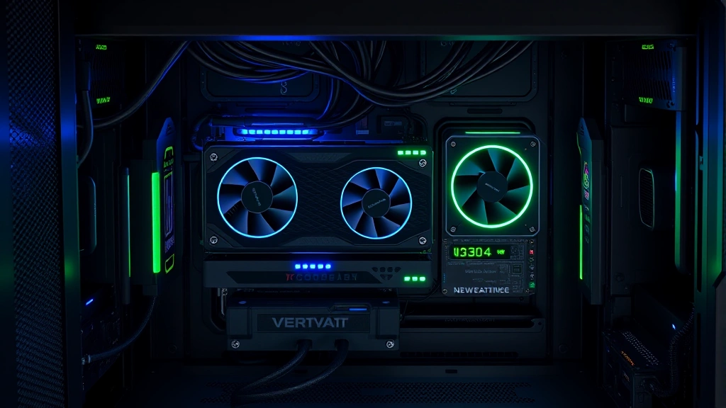 Photorealistic overhead view of a modern computer server setup with multiple graphics cards installed in mining rig configuration, glowing with blue and green indicators, clean professional setup without any display screens or text