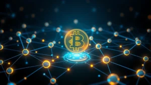Futuristic digital visualization of Bitcoin blockchain network with glowing nodes and connections, holographic coin symbol floating in center, dark background with blue and gold accents, no text or symbols