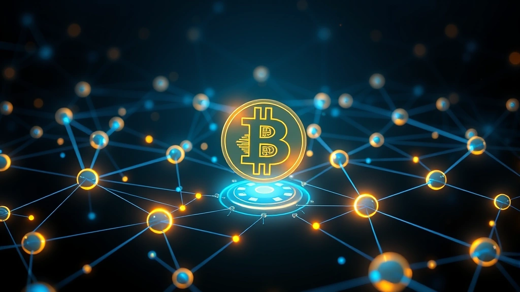 Futuristic digital visualization of Bitcoin blockchain network with glowing nodes and connections, holographic coin symbol floating in center, dark background with blue and gold accents, no text or symbols