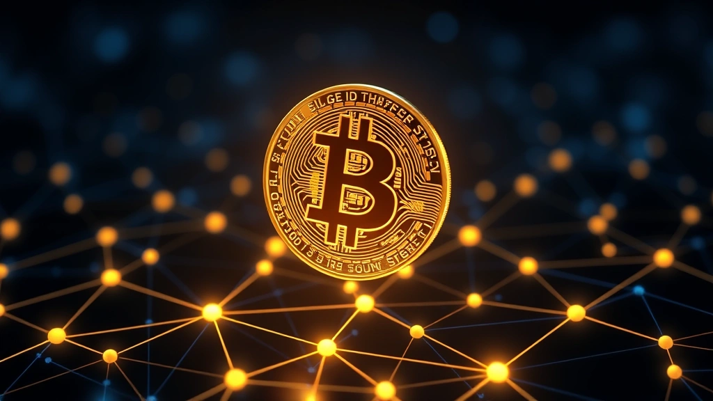 Photorealistic image of a glowing Bitcoin coin floating above a digital network grid showing interconnected nodes and blockchain transactions flowing across a dark background with blue and gold lighting