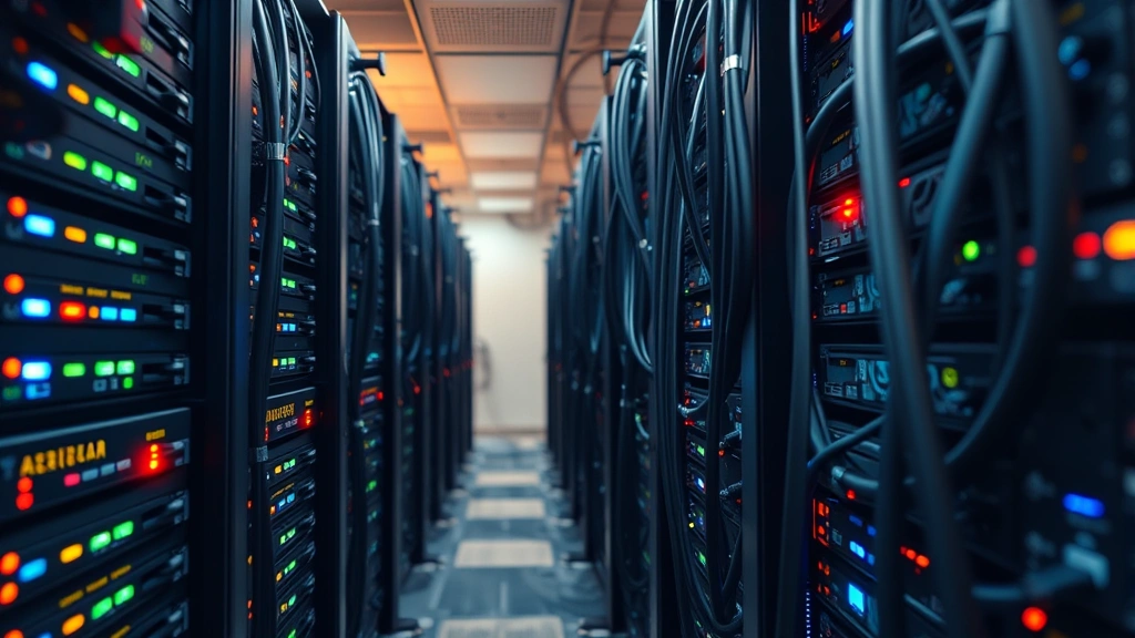 Close-up of cryptocurrency mining operation with powerful computer hardware cooling systems, LED indicators, cables organized neatly, professional data center environment, warm lighting on equipment