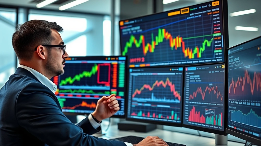 Photorealistic photograph of a professional financial analyst reviewing cryptocurrency market data on multiple high-resolution displays showing live blockchain networks and financial charts in a modern office environment