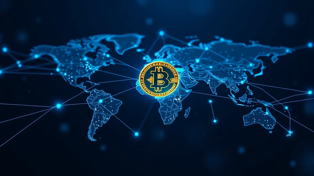 Abstract representation of global financial network with interconnected nodes across world map, Bitcoin symbol as central hub, flowing data streams in metallic blue, representing decentralized global payment system