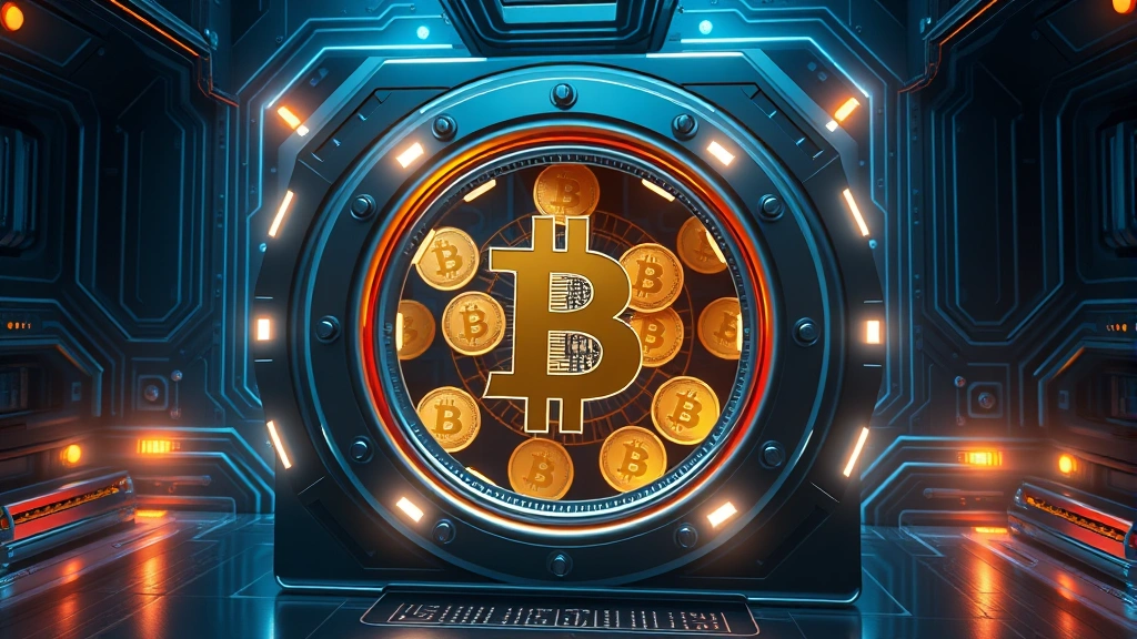 Photorealistic image of a secure digital vault with Bitcoin symbols integrated into futuristic security architecture, showing layers of blockchain encryption and cryptographic protection mechanisms with ambient lighting