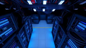 Overhead view of multiple high-powered ASIC mining rigs in a large industrial facility with blue LED lights, showcasing cryptocurrency mining infrastructure with cooling systems visible, photorealistic professional setting